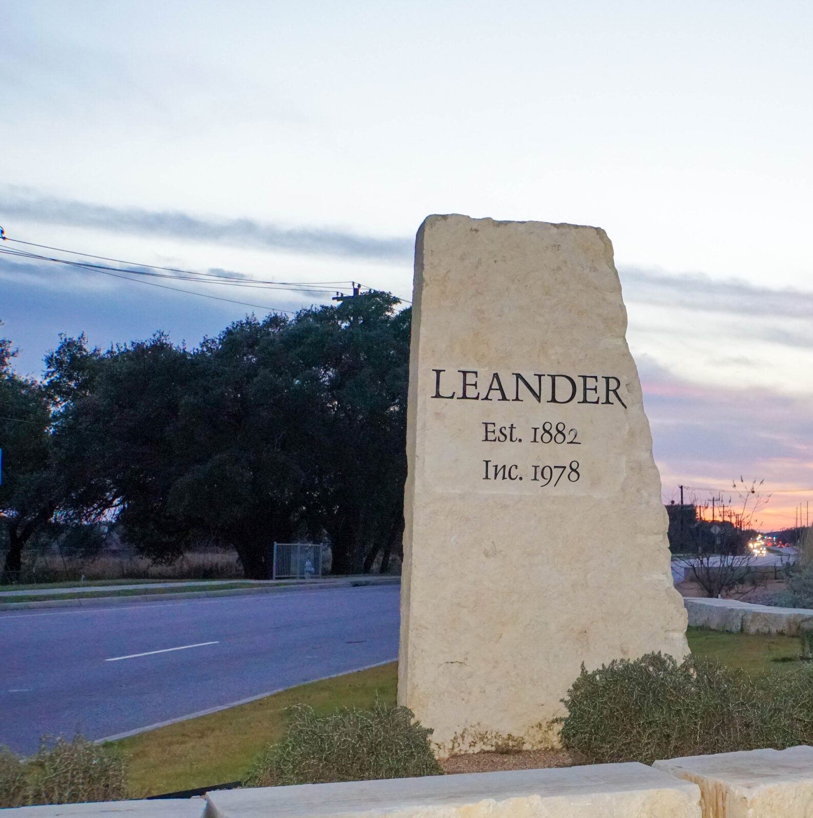 Leander, TX city marker at sunset