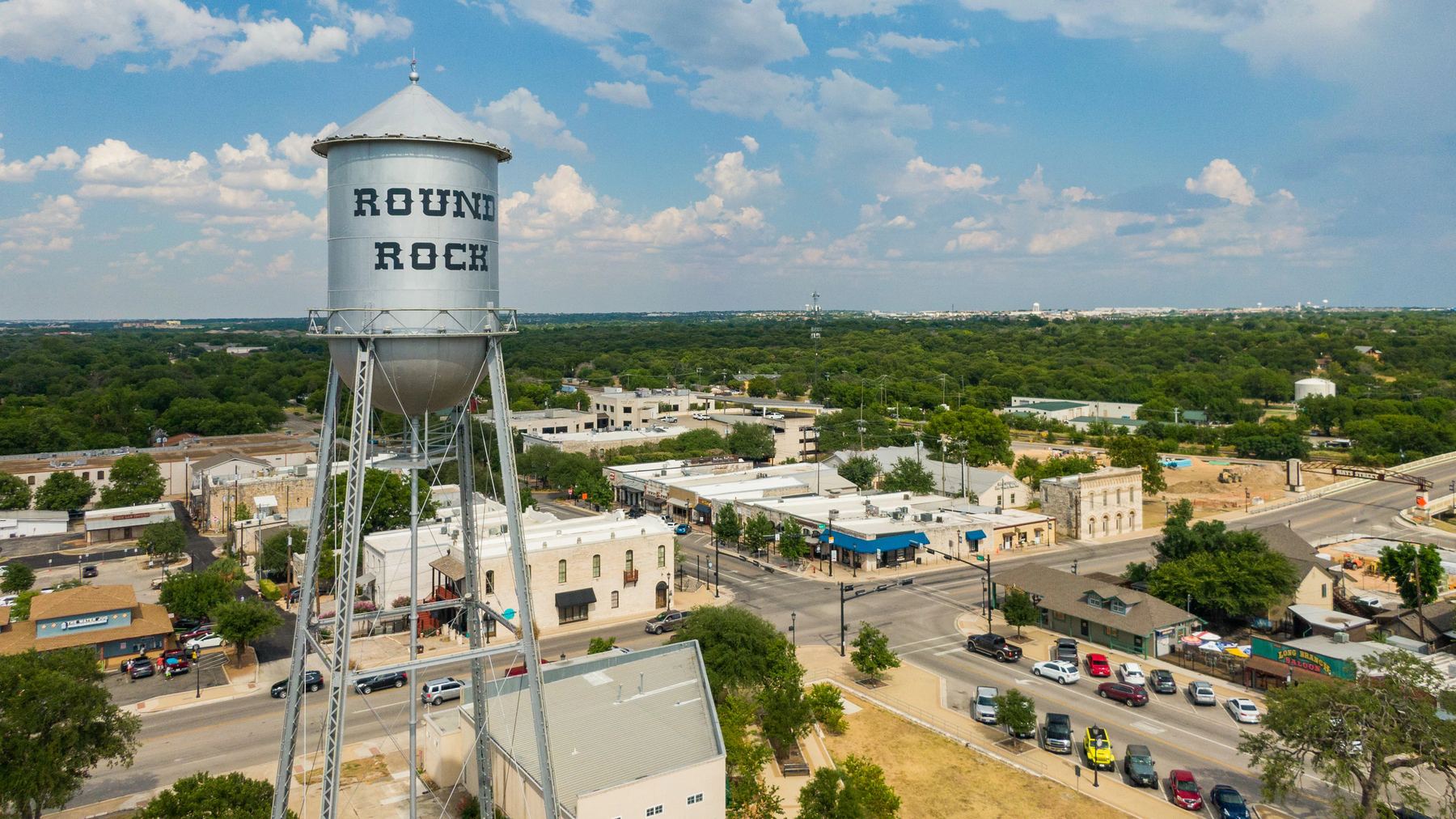 Round Rock, TX water tower over downtown