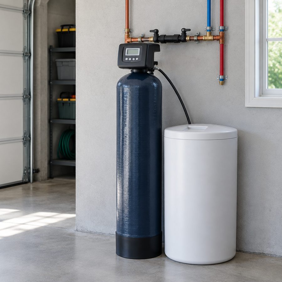 Whole-house water softener with resin tank and brine tank installed in a garage